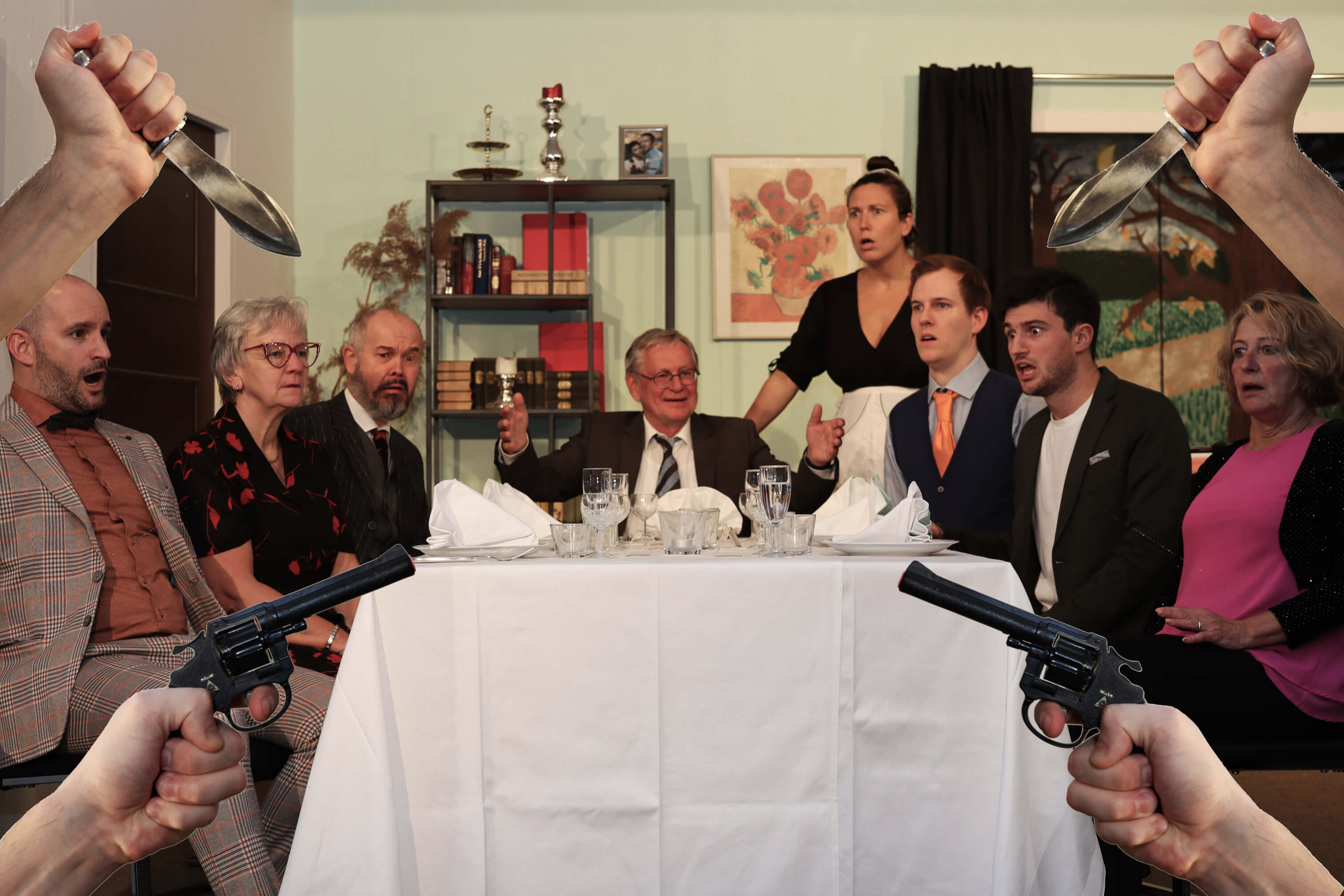 Pressefoto zum Theaterstück 'Einladung zum Mord' der Theatergruppe Verklärung Christi.